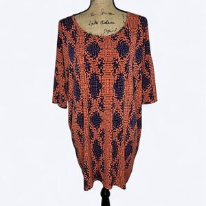 Boho Abstract Print Oversized Tunic Top Sz XL Orange Blue Hi Lo Hem Stretch